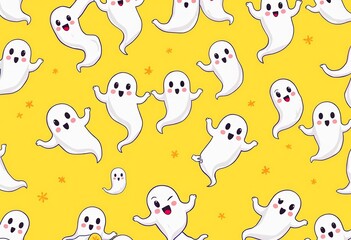 Obraz premium Adorable cartoon ghosts float on a sunny yellow background, forming a delightful Halloween repeat pattern, holiday, autumn