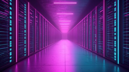 Fototapeta premium Internet Destination Contract Design. Futuristic data center with neon lighting and rows of servers.