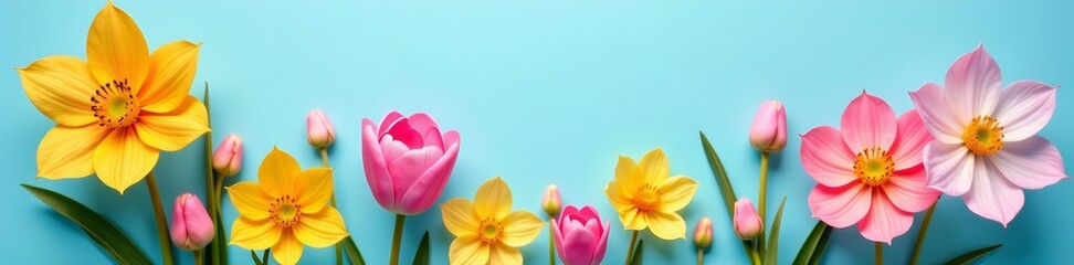 Fototapeta premium Close-up of colorful spring flowers on a pastel blue background, flora, bright