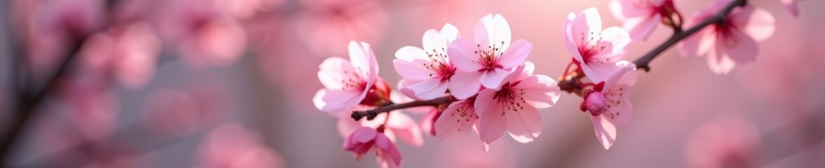 Obraz premium Close-up of delicate pink cherry blossoms on tree branches with shallow depth of field, flowers, springtime, fresh