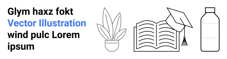 Open book with graduation cap, potted plant, and water bottle symbolizing education, growth, and wellness. Ideal for learning, sustainability, self-care, mindfulness productivity academia flat