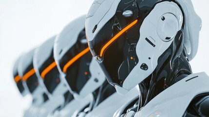 Generate a futuristic scene featuring a line of sleek, humanoid robots standing in perfect alignment, showcasing advanced technology