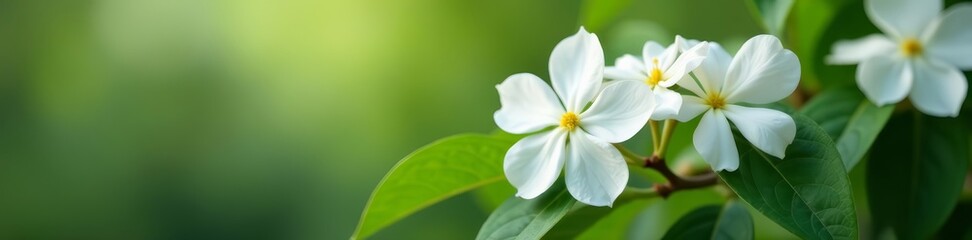 Close-up of fragrant jasmine flowers with green leaves, floral, white background
