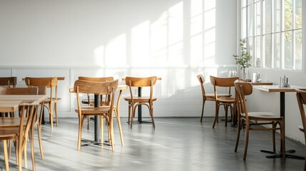 Empty cafe interior, sunlight streams through large window, interior design, quiet atmosphere, potential use as stock photo
