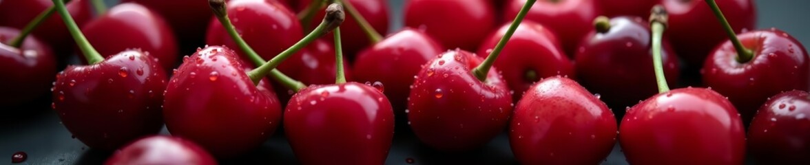 Close-up of fresh cherries with water droplets, black and red berries on display, black, fresh