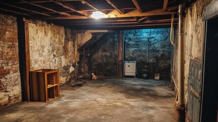 Empty basement room with aged brick walls and wooden beams