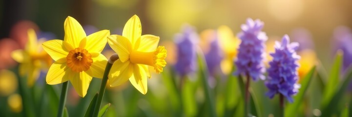 Fototapeta premium Close-up of fresh daffodils and hyacinths in sunlight, petals, beautiful