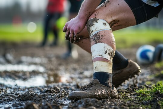 Male rugby player with muddy knees ties shoelaces on a muddy field, ready for intense gameplay.
