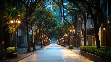 Empty city street at twilight under trees