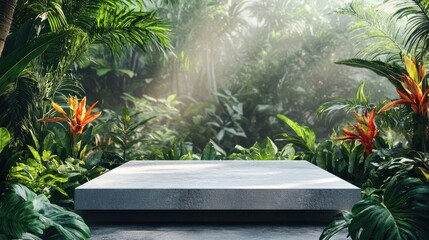 Empty gray concrete platform in lush tropical jungle setting