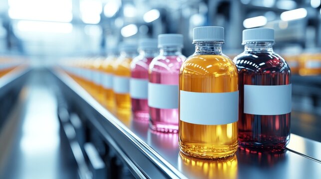 Glass bottles with colorful liquid in a row, conveyor line with blank labels.
