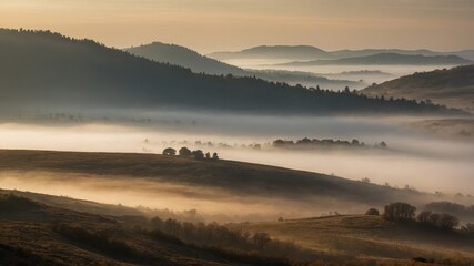 Fototapeta premium Hills with Fog. Golden sunrise over misty valley with trees. Layers of hills visible through fog, creating natural scenic background