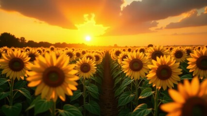 Obraz premium Golden Hour Sunflowers A Serene Field of Blossoms at Sunset