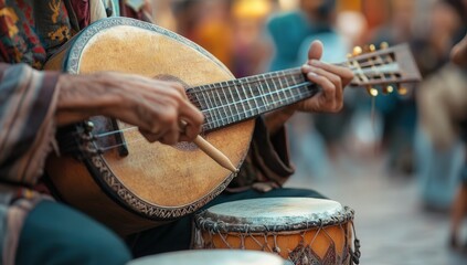 Fototapeta premium A musician playing a traditional stringed instrument and drum in a lively outdoor setting.