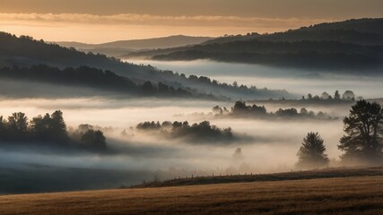 Obraz premium Landscape view with hills shrouded in dense fog. Yellow grass field in foreground with trees partially covered by heavy white mist during golden morning light.