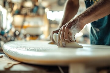 Close-up of a craftsman's hands smoothing a surfboard in a bustling workshop, showcasing the artistry of surfboard crafting.