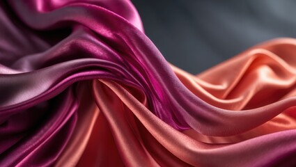 Obraz premium Pink Orange Satin Cloth Texture. Soft material has Shiny effect. Fabric is draped in flowing wavy folds. Gray background