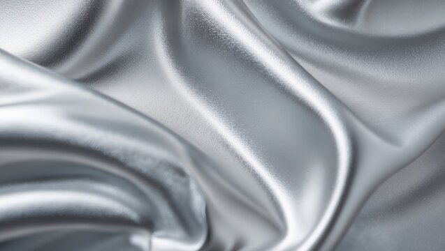 Silver fabric texture. Metallic smooth cloth with folds. Shiny silver material closeup, decorative surface with glossy shine.