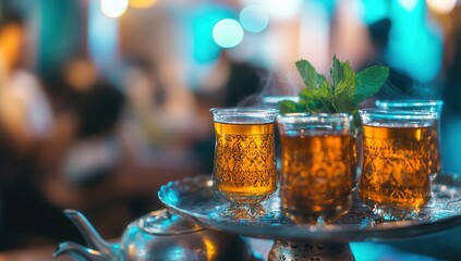 Steaming hot mint tea in ornate glasses on a silver tray, beautifully lit for a cozy atmosphere.