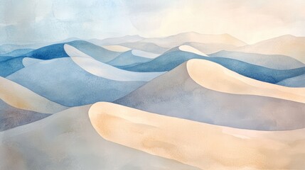 Soft dune patterns, muted sands and delicate shadows, serene atmosphere, Watercolor style 