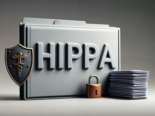 Folder with the word text "HIPPA" written on it, along with a shield, padlock and a stack of papers. Concept of Health Insurance Portability and Accountability Act