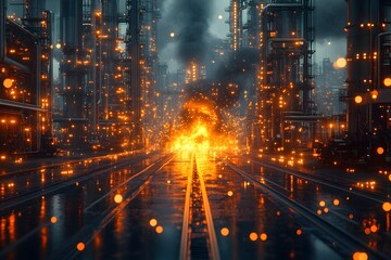 Industrial Nightscape Explosion with Dramatic Sparks and Intense Fire
