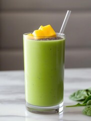 Tall glass filled with a green smoothie. the smoothie has a smooth texture and is topped with a slice of mango and a straw.