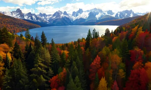 FPV Aerial view of colourful forest on mountain slopes and Harrison Lake. Canada