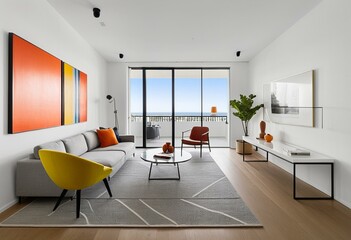 A living room with two orange chairs and a black couch.