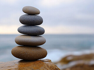 stacked zen stones on beach rock by the sea with calm waves and soft sky, peaceful coastal composition symbolizing balance, mindfulness, and natural harmony in wellness setting
