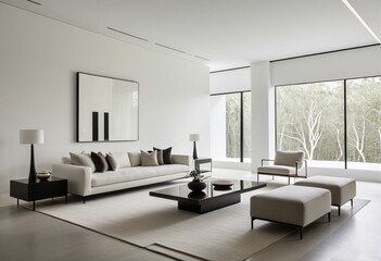 A living room with white furniture and a large window.