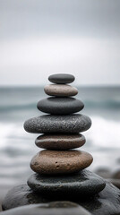 stacked zen stones on beach rock by the sea with calm waves and soft sky, peaceful coastal composition symbolizing balance, mindfulness, and natural harmony in wellness setting
