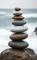 stacked zen stones on beach rock by the sea with calm waves and soft sky, peaceful coastal composition symbolizing balance, mindfulness, and natural harmony in wellness setting
