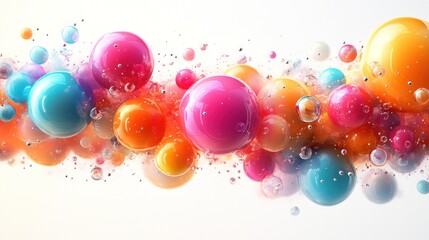 Colorful spheres floating on white background, small bubbles dispersed