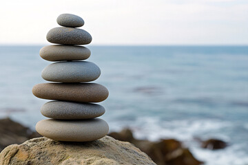 stacked zen stones on beach rock by the sea with calm waves and soft sky, peaceful coastal composition symbolizing balance, mindfulness, and natural harmony in wellness setting
