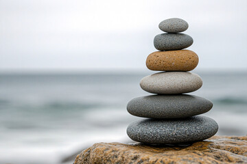 stacked zen stones on beach rock by the sea with calm waves and soft sky, peaceful coastal composition symbolizing balance, mindfulness, and natural harmony in wellness setting
