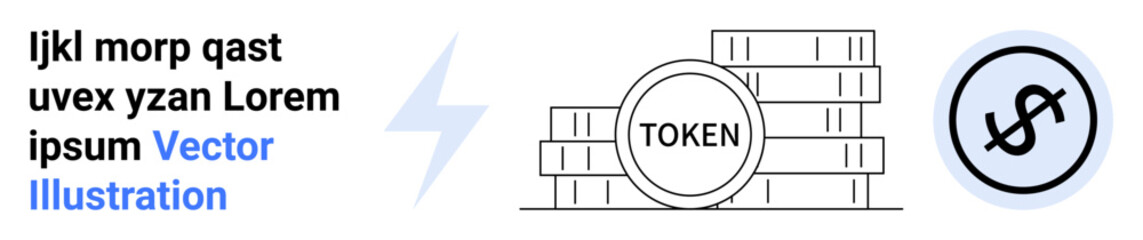 Stacked coins labeled TOKEN, dollar sign in circular frame, and a lightning bolt. Ideal for fintech, blockchain, cryptocurrency, digital economy, transactions, savings simple landing page