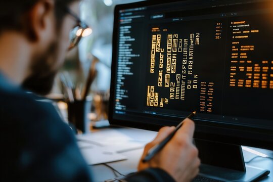 Male programmer analyzing code on a computer screen in a modern office environment.