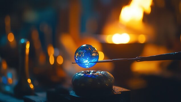 Molten blue glass being shaped by artisanal hands in a glowing workshop setting.