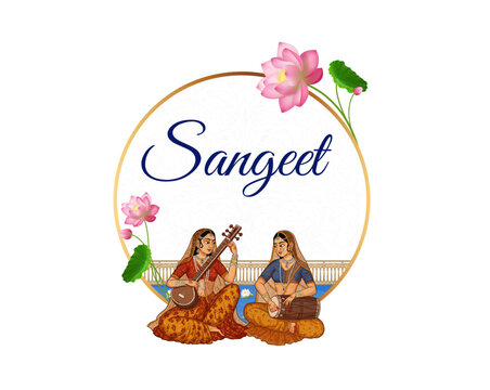 This elegant logo features "Sangeet" in a graceful script, framed by a golden ring with lotus flowers, and depicts two women playing traditional Indian music, symbolizing celebration and heritage.