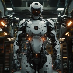 Fototapeta premium A cybernetic exosuit enhancing human capabilities, robotic arms assisting with heavy lifting, futuristic factory setting, ultra-detailed