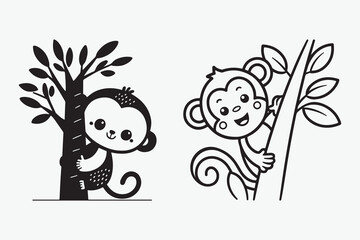 Cute monkey illustrations, playful jungle animal line art