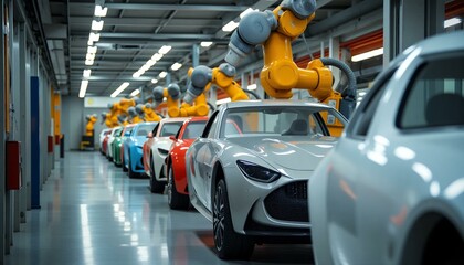 Obraz premium Car-Factory-Robots-Automated-Assembly-Line-Vehicle-Manufacturing