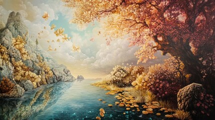 Fantasy landscape, autumn, vibrant colors, flying butterflies, tranquil river