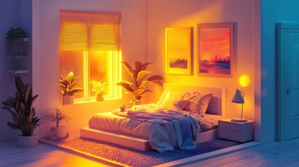 Sunset Hues in a Minimalist Bedroom Interior