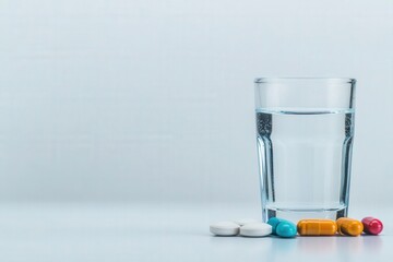 Refreshing water and colorful capsules waiting for remedy at a serene moment indoors Generative AI