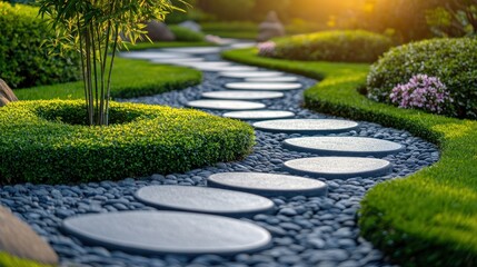Fototapeta premium Serene garden path winding through lush greenery