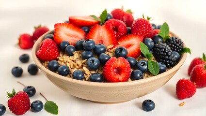 A vibrant bowl overflowing with fresh strawberries, blueberries, raspberries, blackberries, and oatmeal, a delightful summer breakfast bursting with juicy sweetness and natural light.