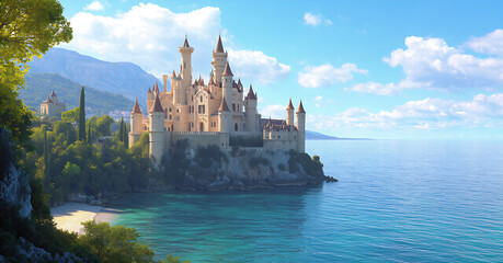 Magnificent huge castle near the sea, breathtaking coastal scenery
