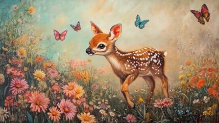 Fawn in a Field of Flowers